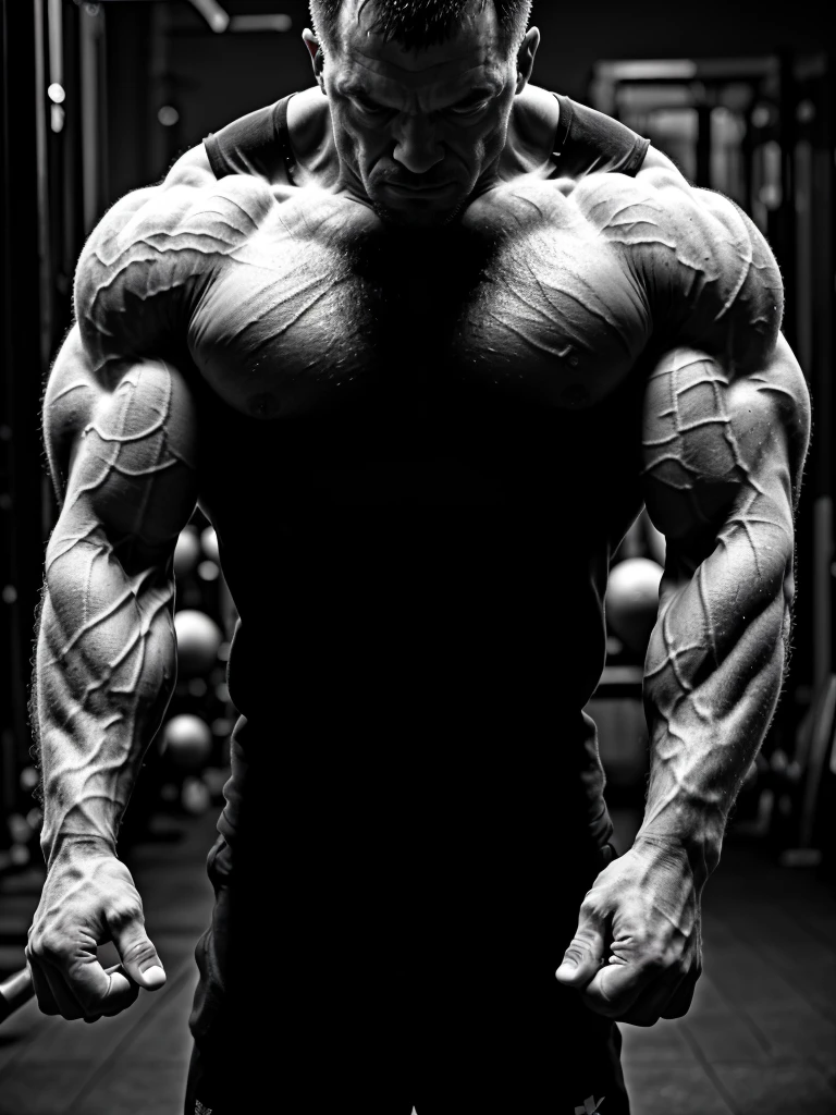 8K(masutepiece:1.2),(Best Quality:1.2),(Ultra-detailed:1.2),(highly contrast:1.2),(monochromes:1.1),(Strong men),(Orange T-shirt),(Bodybuilding Gym),(dark environment),(A light),(Monochrome photography:1.1), Dorian Yates,