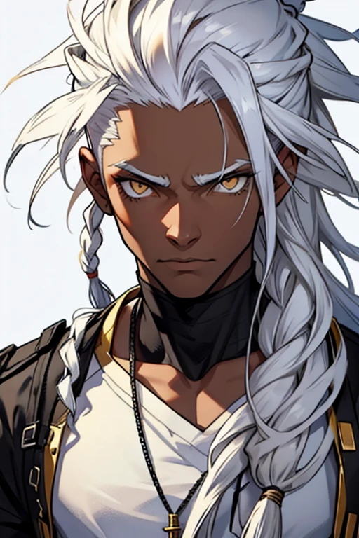 Create a black protagonist with white hair with white dreads and golden eyes