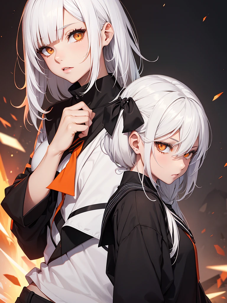 Hot woman, white hair, orange eyes, black school clothes