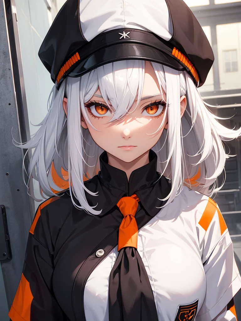 Hot woman, white hair, orange eyes, black school clothes