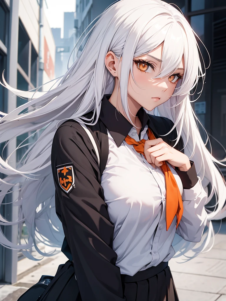 Hot woman, white hair, orange eyes, black school clothes