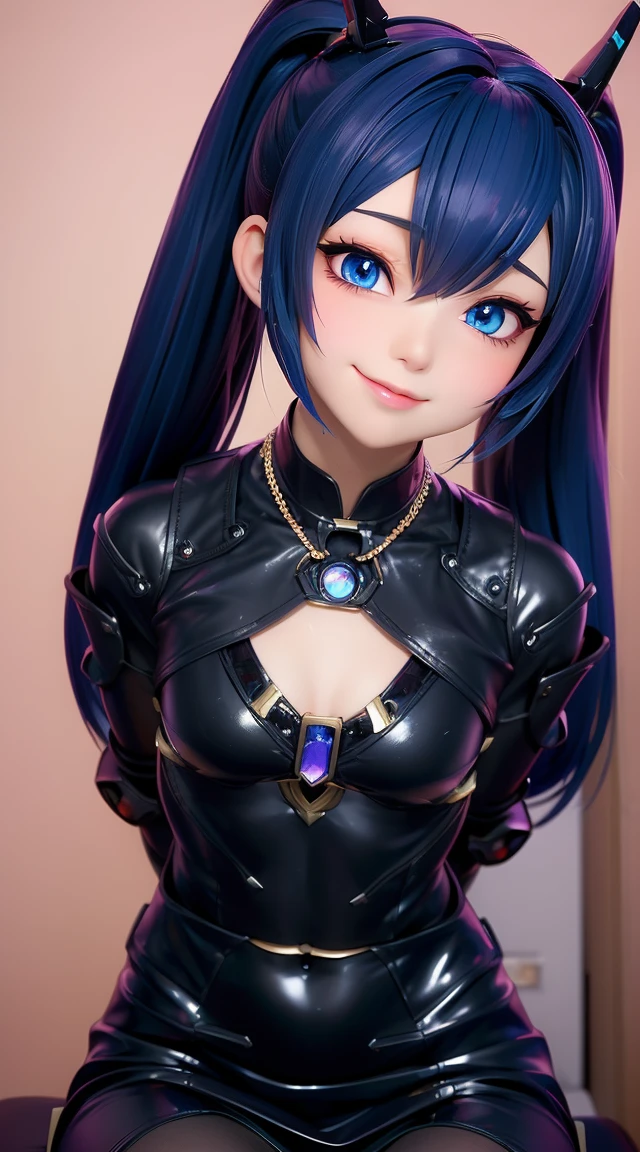 (masterpiece:1.3), (Best Quality:1.3), (Ultra-detailed:1.2), ((kawaii)), Cute, (lovely), ((sexy)), ((Extremely detailed)), 4K, (8K), Best Quality, (Beautiful), Illustration, anime style, (bold line:1.2), Gradation, looking at viewer, //, (bent down:1.1), (arms behind back), //, a cute girl, 1girl, (solo:1.2), gleaming skin, //, (flat chested), (Perfect eyes:1.2), (Perfect iris:1.2), //, darkblue hair color, (beautiful eyes) //, (half closed eyes:1.3), (sexual expression:1.2), Fascinated expression, smile, (blush:1.2), //, modern city background, on rock, twin tails, muscle girl, hard abs, exposed abs, NECKLACE, tight blouse, skirt, heavy armor suit, mecha musume, big cleavage