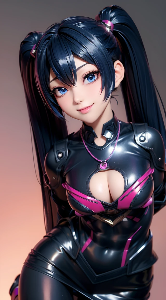  (masterpiece:1.3), (Best Quality:1.3), (Ultra-detailed:1.2), ((kawaii)), Cute, (lovely), ((sexy)), ((Extremely detailed)), 4K, (8K), Best Quality, (Beautiful), Illustration, anime style, (bold line:1.2), Gradation, looking at viewer, //, (bent down:1.1), (arms behind back), //, a cute girl, 1girl, (solo:1.2), gleaming skin, //, (flat chested), (Perfect eyes:1.2), (Perfect iris:1.2), //, darkblue hair color, (beautiful eyes) //, (half closed eyes:1.3), ( expression:1.2), Fascinated expression, smile, (blush:1.2), //, modern city background, on rock, twin tails, muscle girl, hard abs,  abs, NECKLACE, tight blouse, skirt, heavy armor suit, mecha musume, big cleavage