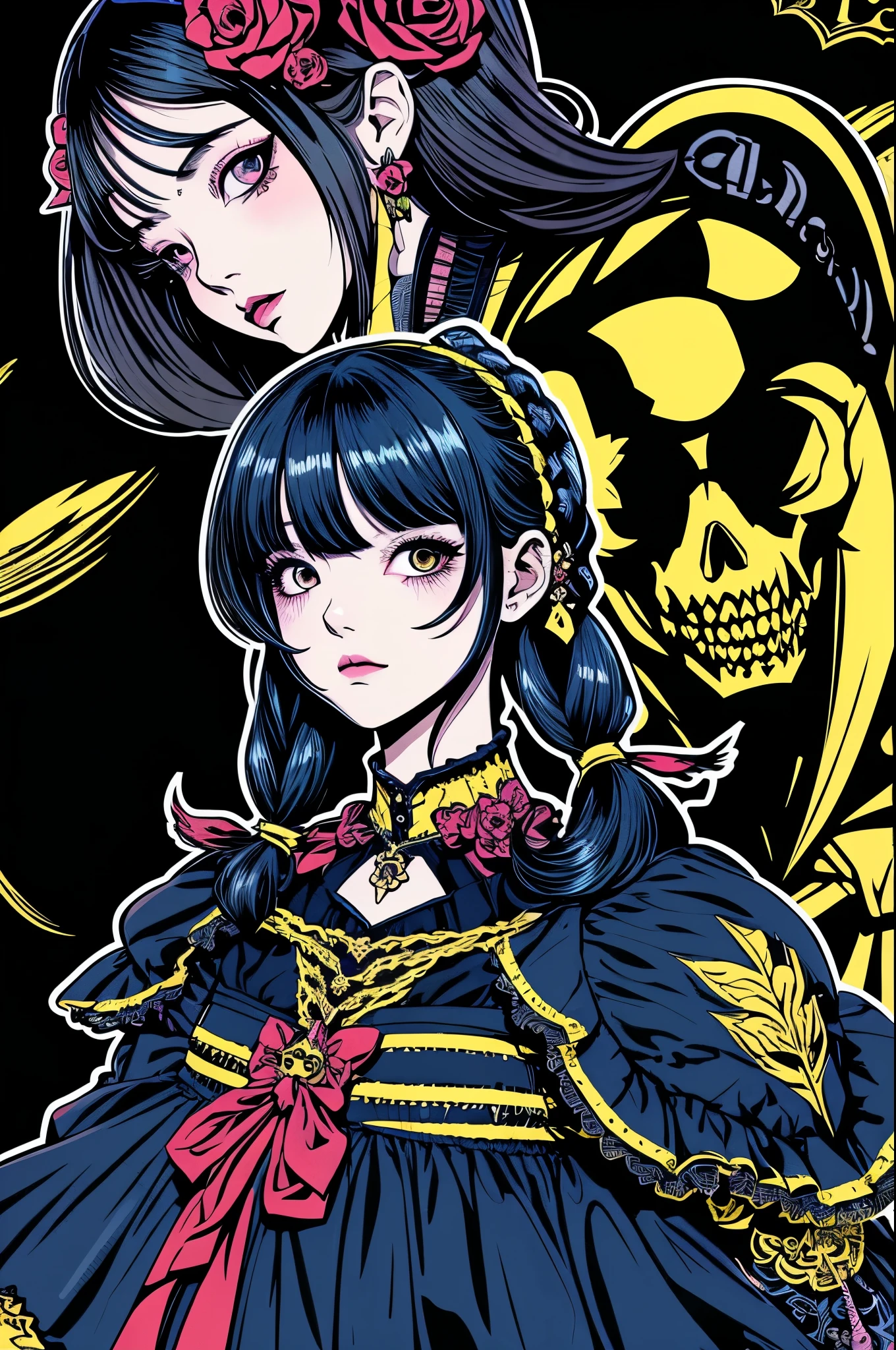 Beautiful Hardcore Illustration homepage illustration style, dark, high resolution, hard touch illustration, strong outline, two girls, gothic & ta style, gothic & loliashion, 8k, American comic style, colorful background, Hiroyuki Nagasaka, aggressive, beautiful face, cool beauty, dress, beauty style, yellow color, Hard illustration, blue hear,