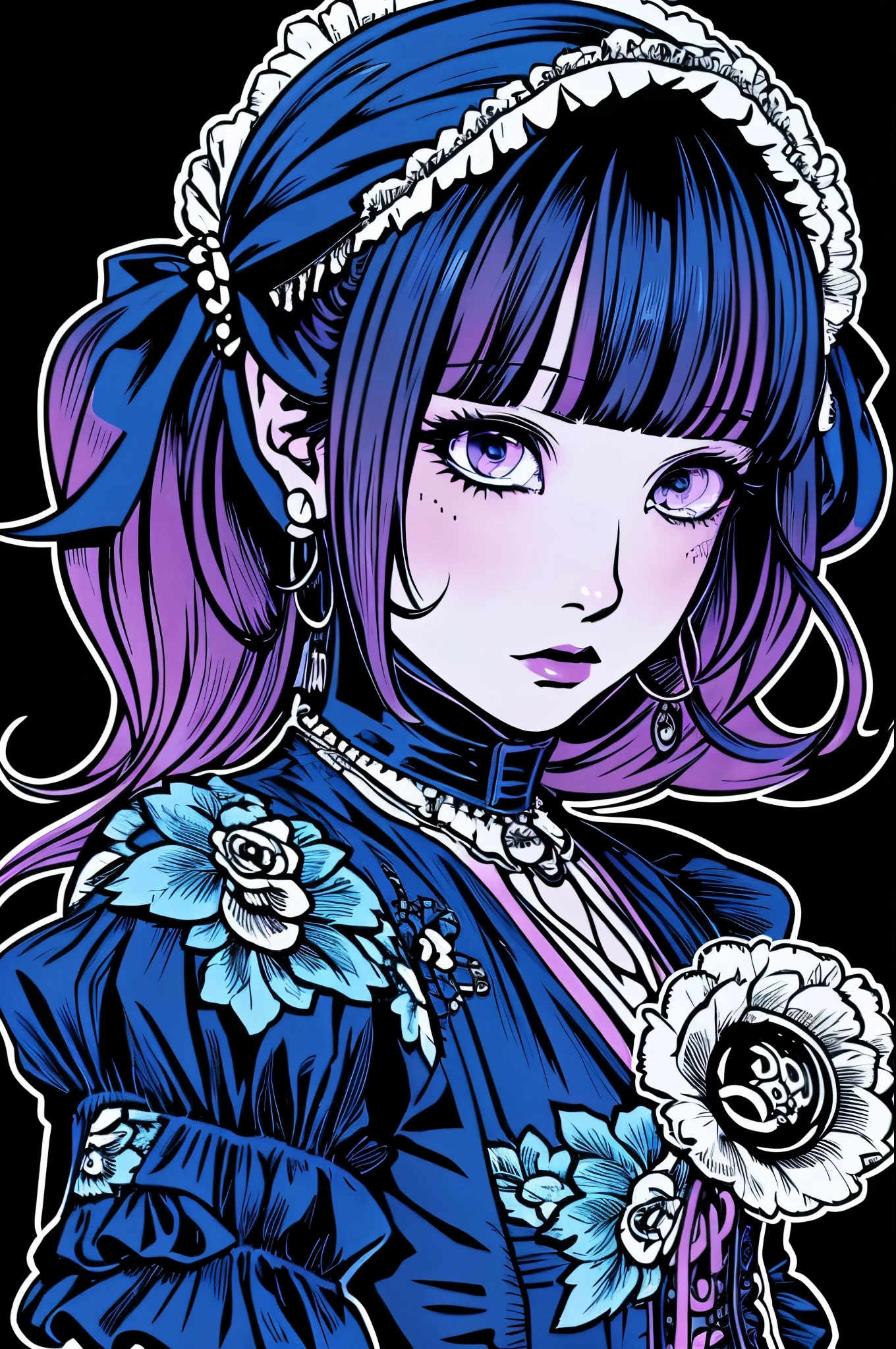 Beautiful Hardcore Illustration homepage illustration style, dark, high resolution, hard touch illustration, strong outline, two girls, gothic & lolita style, gothic & lolita fashion, 8k, American comic style, colorful background, Hiroyuki Nagasaka, aggressive, beautiful face, cool beauty, dress, beauty style, blue color, battle, Hard illustration, blue&pink hear,