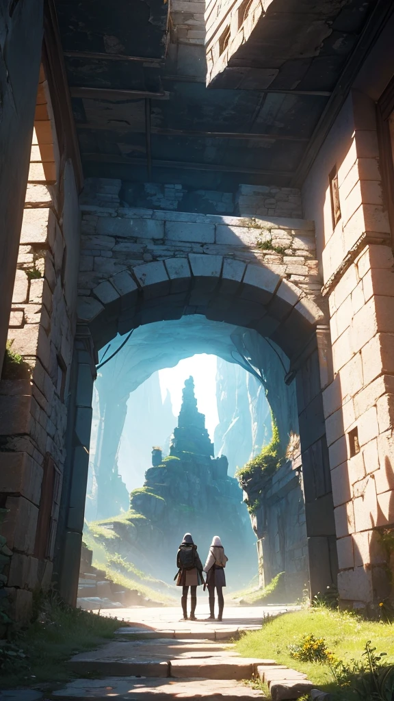 Three friends standing next to a portal to another world inside a mountain