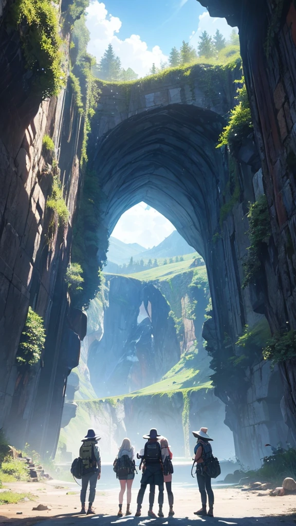 Three friends standing next to a portal to another world inside a mountain