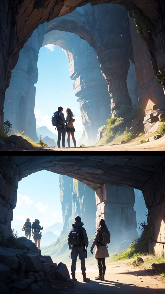 Three friends standing next to a portal to ther world inside a mountain