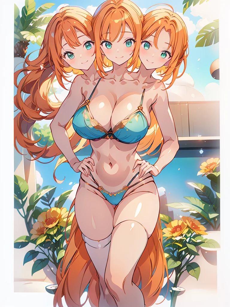 (masterpiece, best quality), best resolution, (3heads:1.5), 1girl, orange hair, green eyes, left hand behind head, right hand on hip, smiling, , light blue bikini, sexy pose, white background