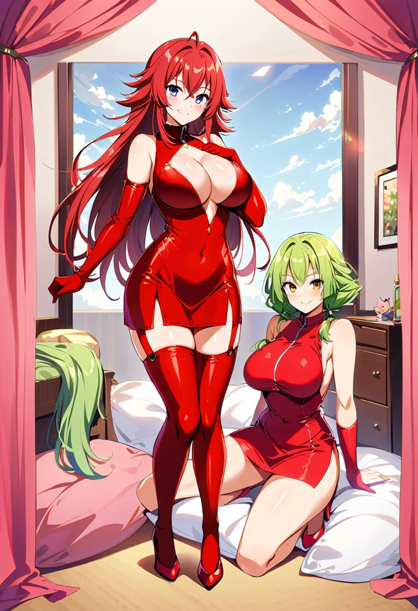 2female,multiple characters,2 girl, red tight dress, red stockings,red heels,red arm stockings,sexy, bedroom on background, smiling,large breasts, perfect body, full body, smiling, red tight dress, mitsuri kanroji, rias gremory