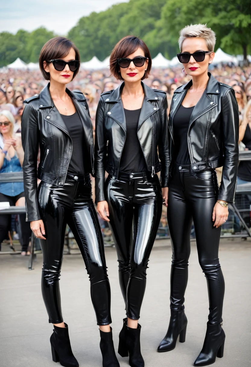 3 women 35-45 year old, short hair  beautiful , skinny with black patent leather flared pants, biker jacket, leather shirts, at an outdoor concert