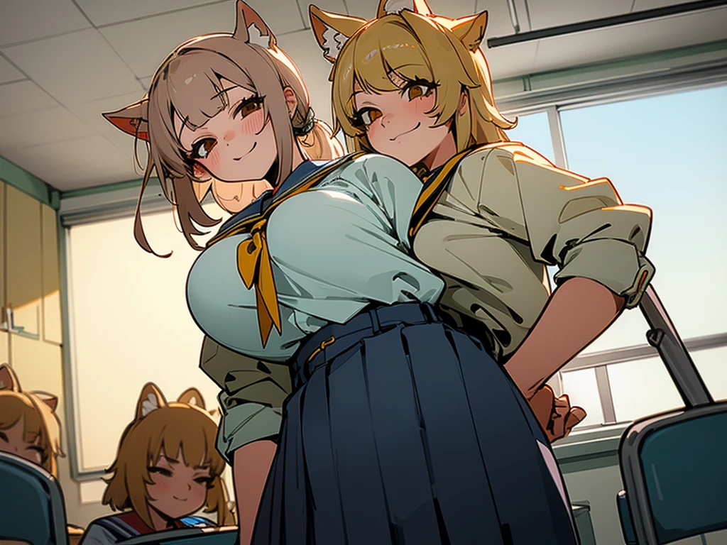 high school girl、School classroom、(())、((((独奏))))、smirk、1 girl、from below、With a cheek cane