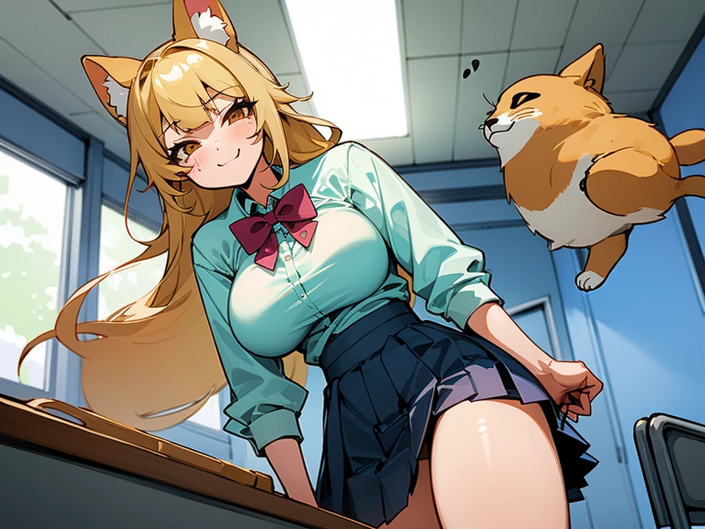 high school girl、School classroom、((Big Breasts))、((((独奏))))、smirk、1 girl、from below、With a cheek cane