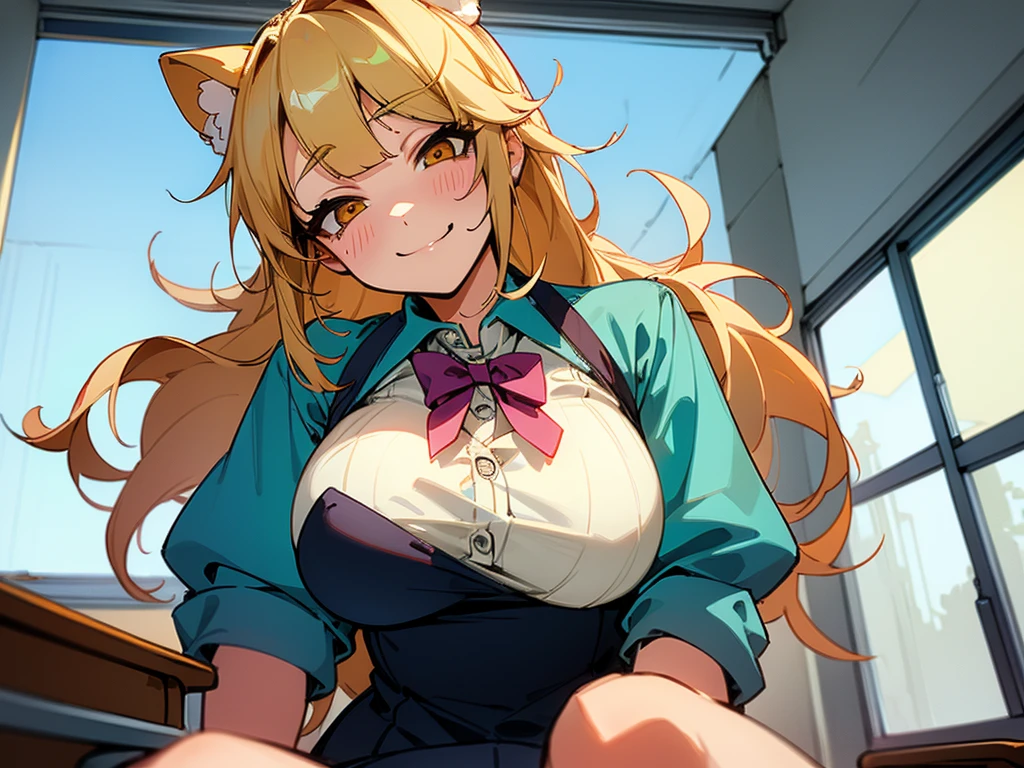 high school girl、School classroom、((Big Breasts))、((((独奏))))、smirk、1 girl、from below、With a cheek cane