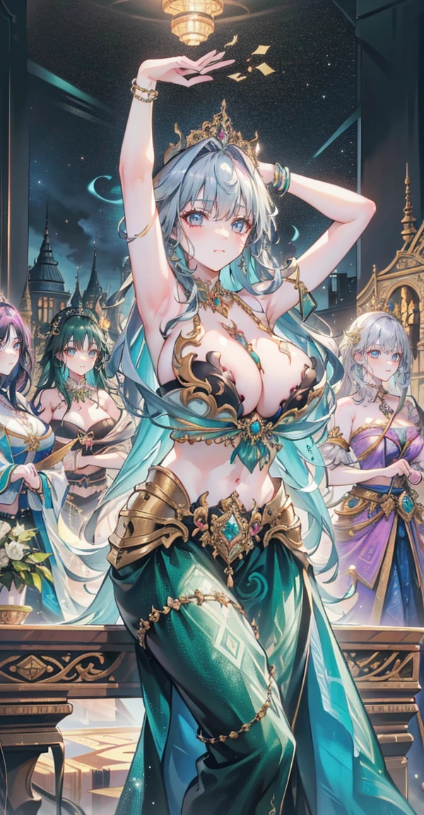 Group of 5 princesses,(6 young women,many young women), (in the bedroom), Various hair styles, harem,(shiny armor, Beautiful crowns and jewelry,Patterned crystal jewelry), at night, detailed face, big breasts, long skirt, mule, Sleeveless , Show your armpits, at night, starry at night,white hair,green hair,ผมpink่,gray hair,purple hair,,(((large areolae:1.4,pink,The nipples are clearly visible......))), Highest quality、Highest picture quality、Masterpiece,Umbilical drive,dance,dance