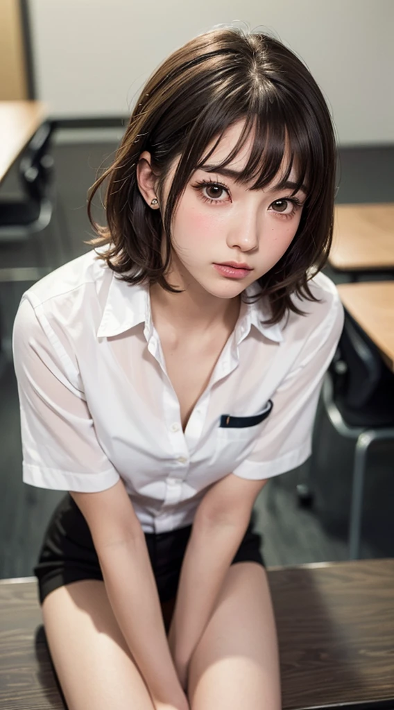 ((Tabletop, Highest quality, High resolution, Hmph, Pixel perfect, 4K, Hmph, Hmph))), One Girl, single, alone, Beauty、The whole body is visible、 ((Short Wavy Hair, bangs, Brown Hair)), ((Brown eyes, Beautiful eyelashes, Realistic eyes)), ((Detailed face, Blushing:1.2)), ((Smooth texture:0.75, Realistic texture:0.65, Realistic:1.1, Anime CG Style)), Medium chest, Dynamic Angle, Perfect body, ((White shirt, Unbuttoned shirt、I'm not wearing shoes、White Sox)), An empty classroom、Sit at a desk、Lower'I took my feet off the desk.............................................................、evening、、、Very embarrassing panic smile、(Spread your legs、Knees wide open、Floral lace panties)、、(Pink lace bra)、Angle from below
