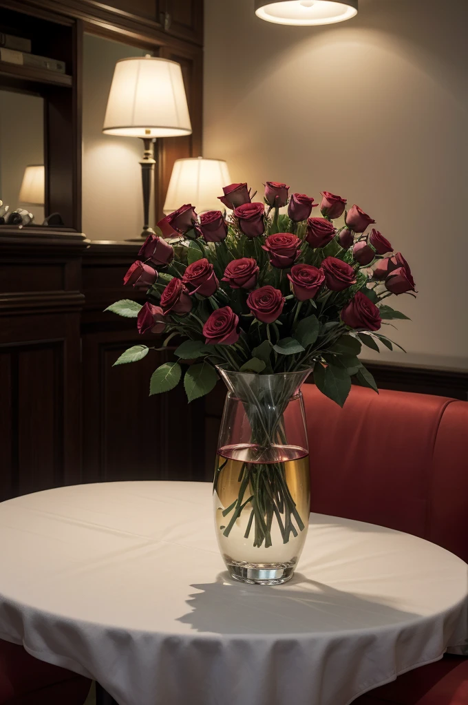 A bouquet of red roses and a glass of wine, in a reserved environment