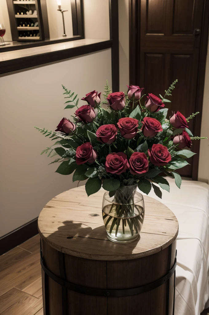 A bouquet of red roses and a glass of wine, in a reserved environment