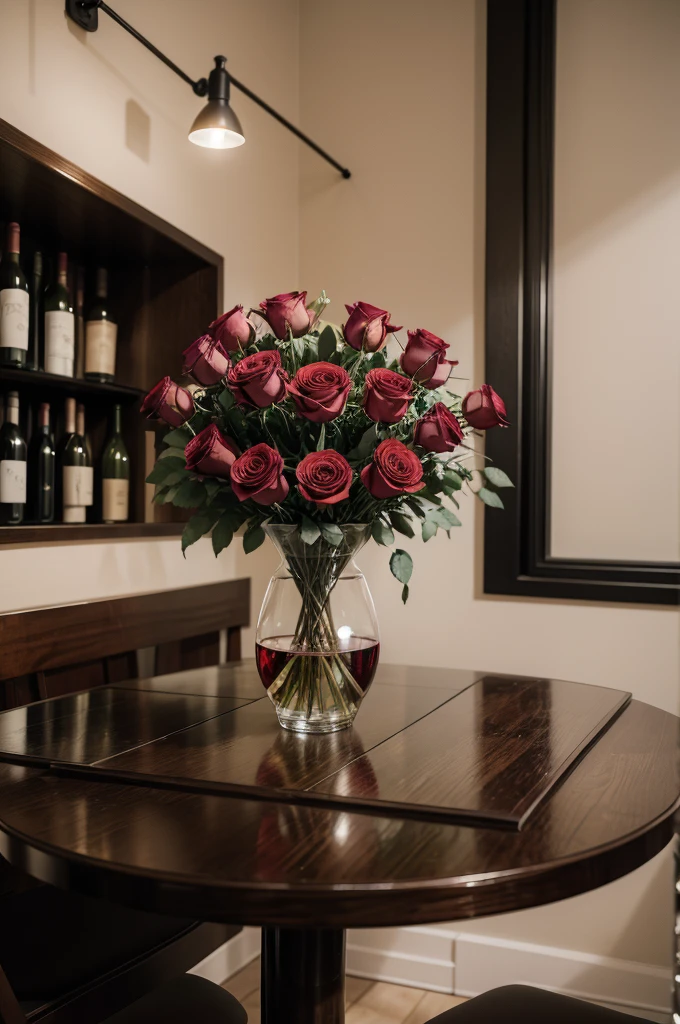 A bouquet of red roses and a glass of wine, in a reserved environment