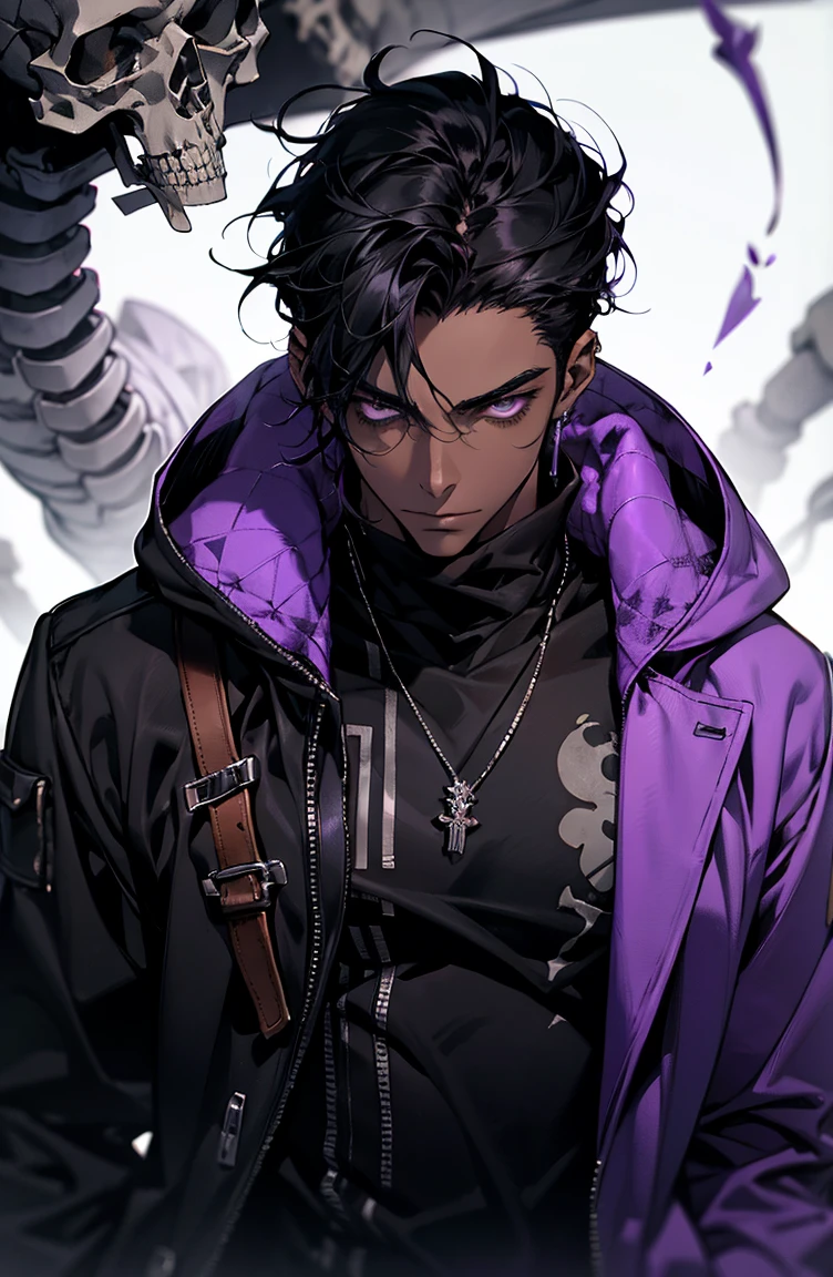 male with bones, looking away from camera, skulls, bones, handsome, black, dark skin, tall, broad shoulders, black hair, purple, purple fire, magic, detailed face, fantasy, hoodie
