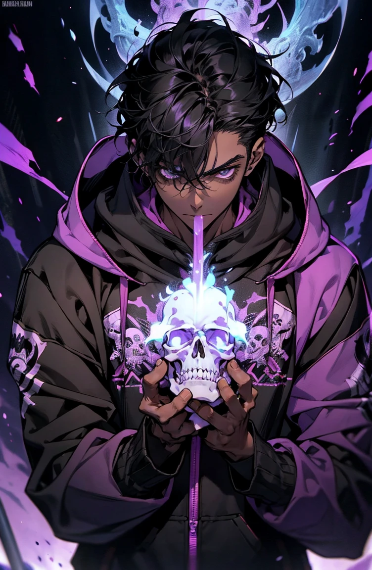 male with bones, looking away from camera, skulls, bones, handsome, black, dark skin, tall, broad shoulders, black hair, purple, purple fire, magic, detailed face, fantasy, hoodie
