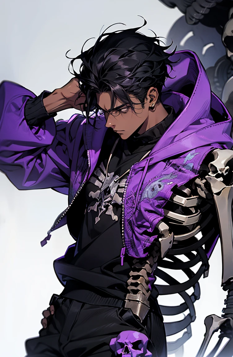 male with bones, looking away from camera, skulls, bones, handsome, black, dark skin, tall, broad shoulders, black hair, purple, purple fire, magic, detailed face, fantasy, hoodie
