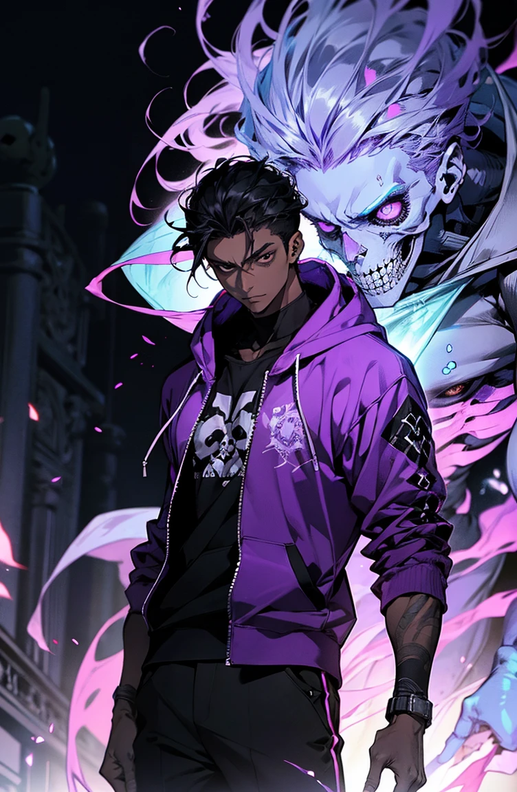 male with bones, looking away from camera, skulls, bones, handsome, black, dark skin, tall, broad shoulders, black hair, purple, purple fire, magic, detailed face, fantasy, hoodie
