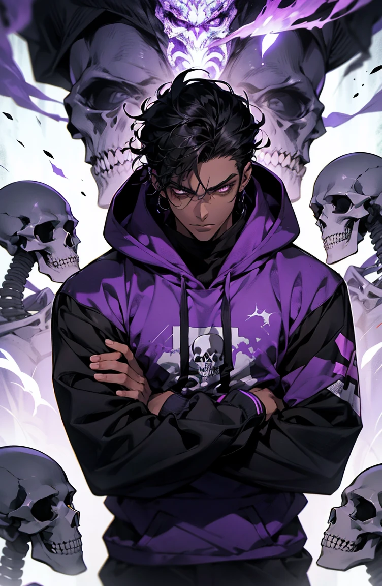 male with bones, looking away from camera, skulls, bones, handsome, black, dark skin, tall, broad shoulders, black hair, purple, purple fire, magic, detailed face, fantasy, hoodie