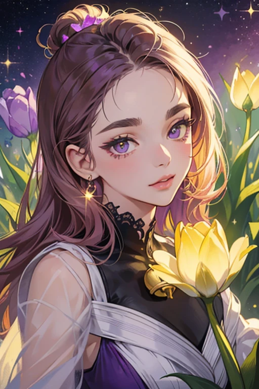 SHE IS A purple tulip flowers shaped like a bell with a yellow filament sticking out of HER head, a green stem with light green leaves and sepal, two lavender petals around HER face that look like eyebrows, light orange blush and two black dot eyes. SPARKLE; GLITTER