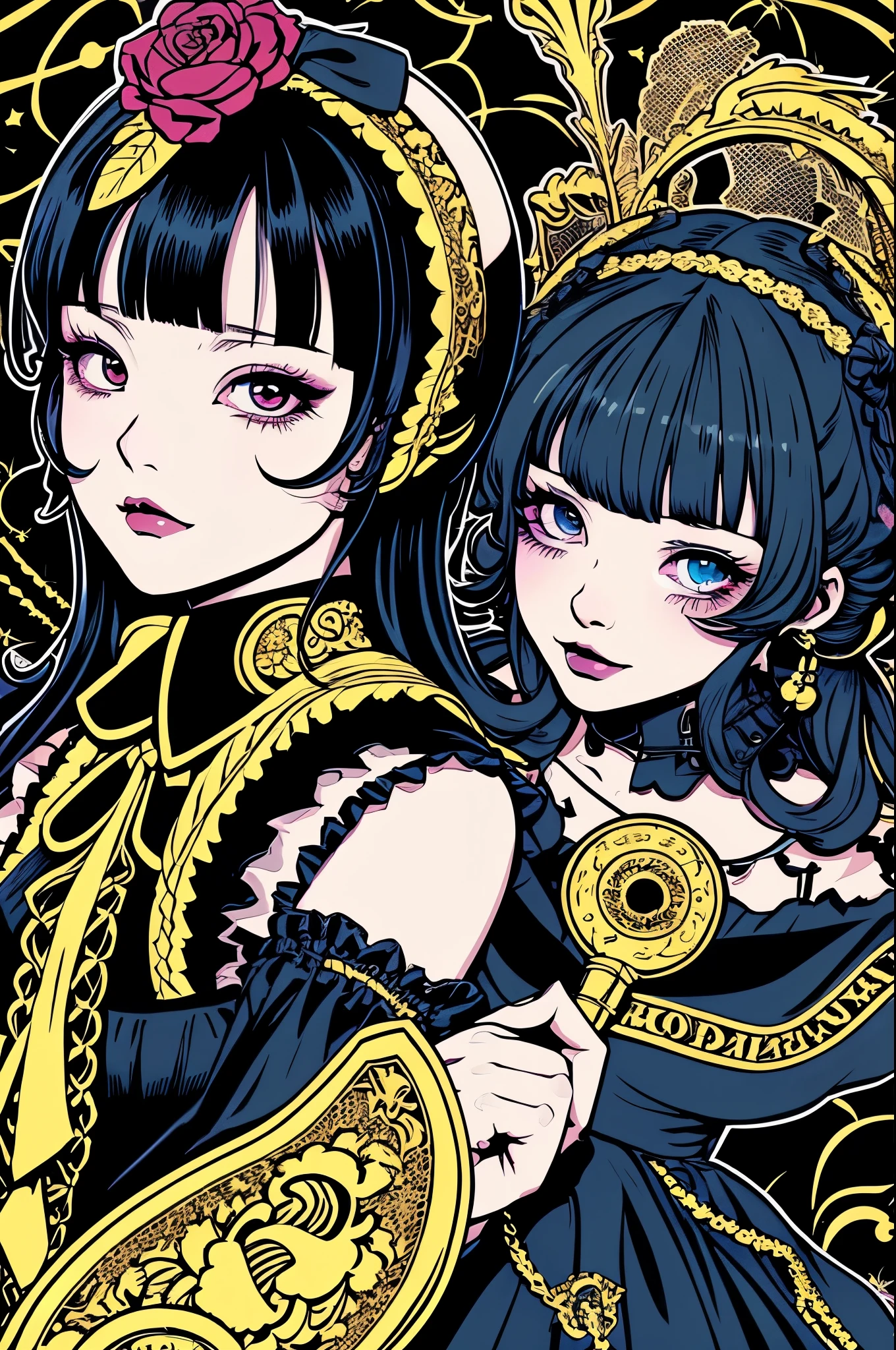 Beautiful Hardcore Illustration homepage illustration style, dark, high resolution, hard touch illustration, strong outline, two girls, gothic & lolita style, gothic & lolita fashion, 8k, American comic style, colorful background, Hiroyuki Nagasaka, aggressive, beautiful face, cool beauty, dress, beauty style, yellow color, Hard illustration, blue hear,