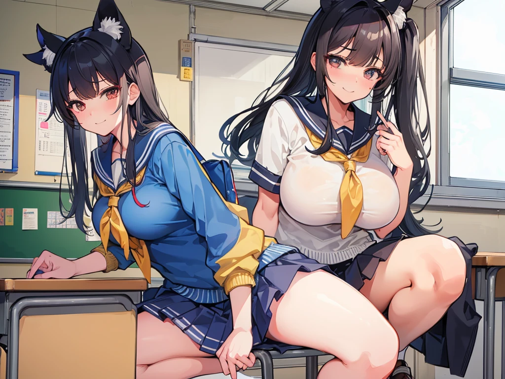 high school girl、School classroom、((Big Breasts))、((((独奏))))、smirk、1 girl、from below、With a cheek cane
