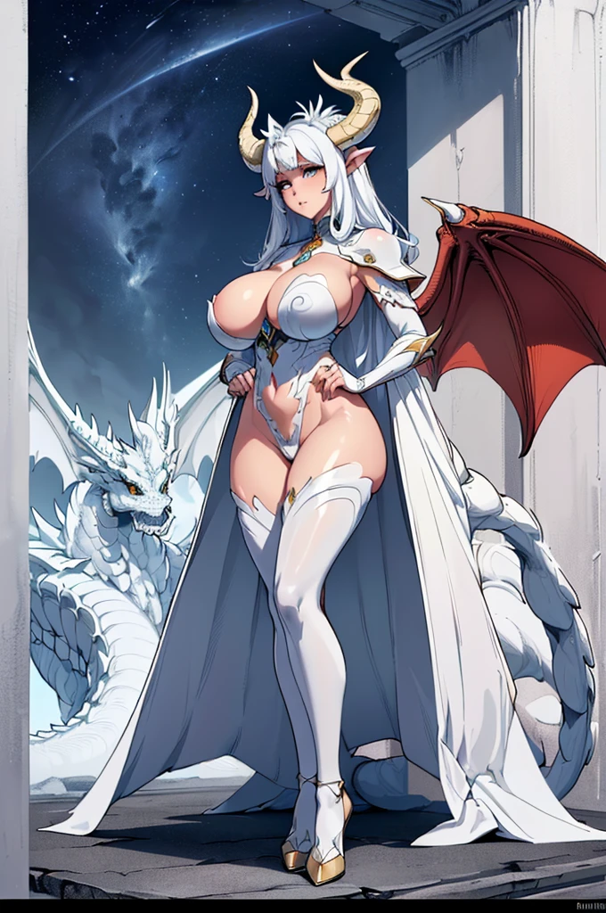 (masterpiece, best quality, high resolution, ((full body, standing,)),1(masterpiece, best quality, high resolution, ((full body, standing,)) , 1 white dragon woman with beautiful appearance , sensual body,((huge breasts)) dragon tail, big horns and claws, dragon wings, with white scale armor, beautiful posture,