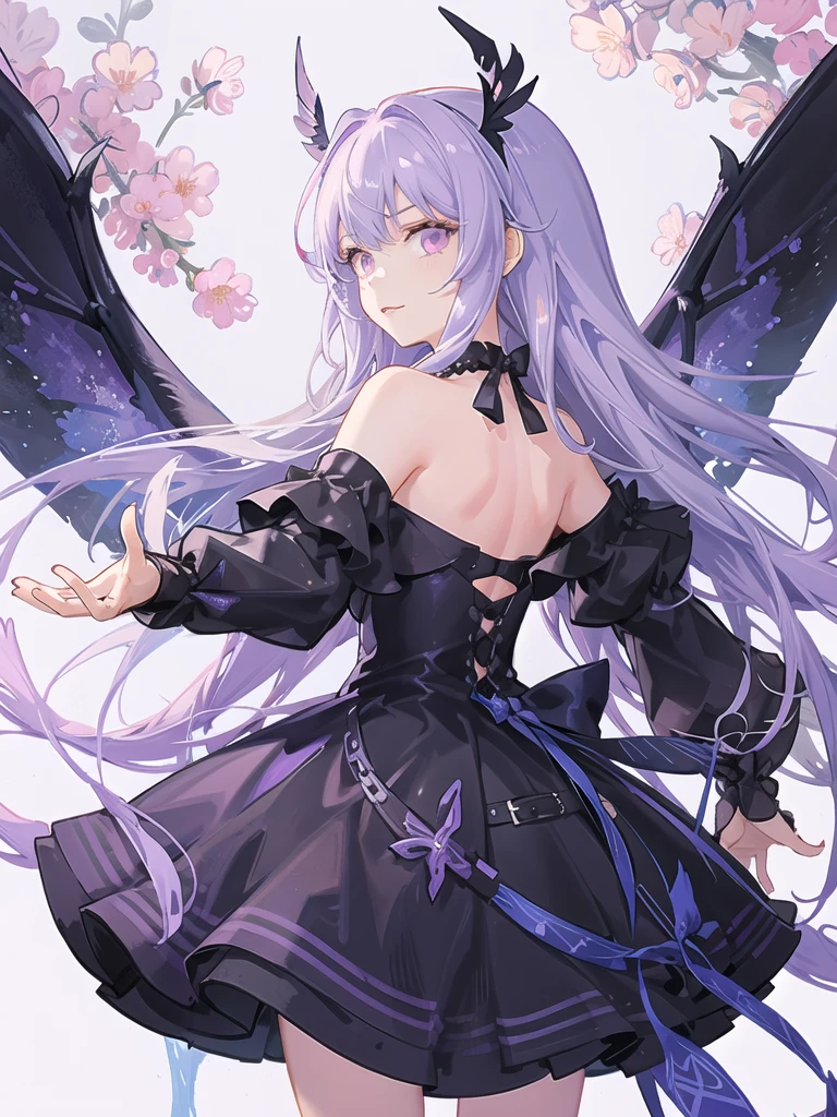 girl,(detailed face:1.2), Masterpiece, fashion,black dress,, medium hair, light pink purple hair, purple pink eyes,There are wings hanging on the head.,white background,vtuber,full HD,The bat wings on the left side of the head are white.,Long hair braided in the back,Shoulder length front hair,purple highlighted hair color,There is a black choker on the neck.,Two fingers up,Purple pink hair,handle of things