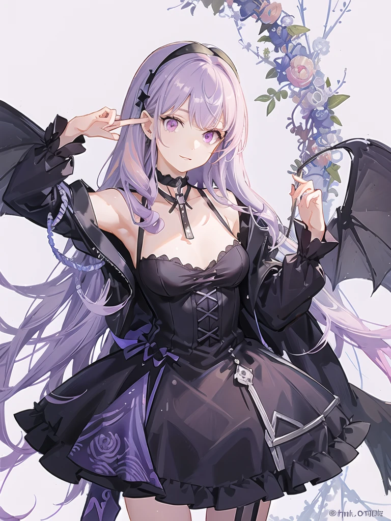 girl,(detailed face:1.2), Masterpiece, fashion,black dress,, medium hair, light pink purple hair, purple pink eyes,There are wings hanging on the head.,white background,vtuber,full HD,The bat wings on the left side of the head are white.,Long hair braided in the back,Shoulder length front hair,purple highlighted hair color,There is a black choker on the neck.,Two fingers up,Purple pink hair,handle of things