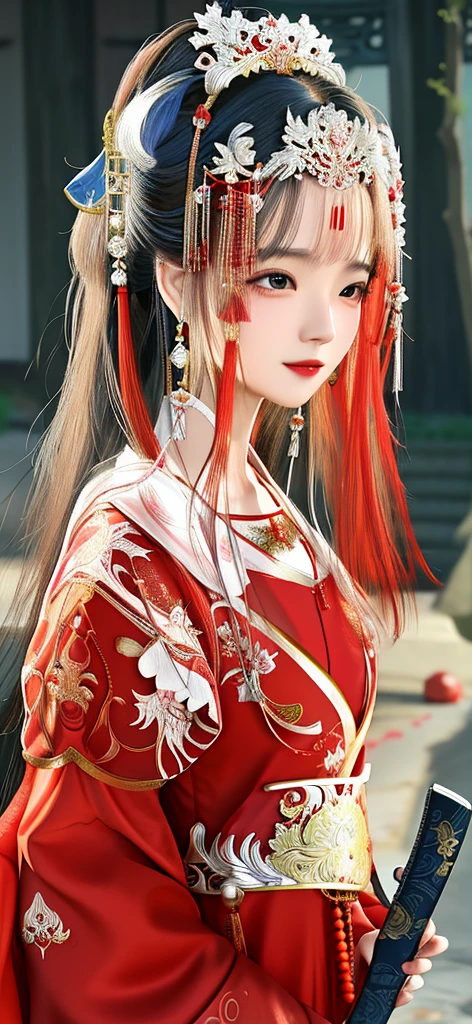 Arad woman in red dress，With a fan and a red hat, palace ， A girl in Hanfu, Chinese traditional, Chinese, Wearing ancient Chinese clothes, Traditional Beauty, Chinese Girl, Ancient Chinese Princess, Chinese traditional clothing, Hanfu, Red decoration, ((Beautiful fantasy queen)), In line with Chinese aesthetics, Chinese woman, Chinese Princess