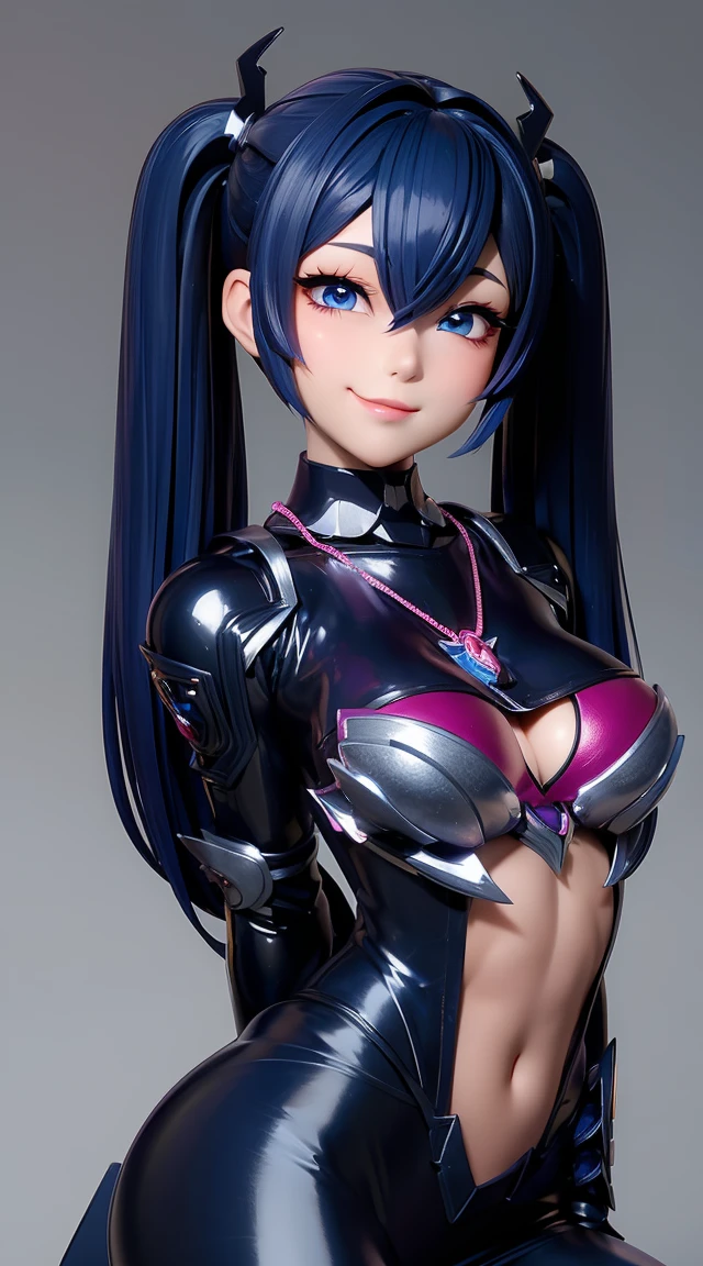  (masterpiece:1.3), (Best Quality:1.3), (Ultra-detailed:1.2), ((kawaii)), Cute, (lovely), (()), ((Extremely detailed)), 4K, (8K), Best Quality, (Beautiful), Illustration, anime style, (bold line:1.2), Gradation, looking at viewer, //, (bent down:1.1), (arms behind back), //, a cute girl, 1girl, (solo:1.2), gleaming skin, //, (), (Perfect eyes:1.2), (Perfect iris:1.2), //, darkblue hair color, (beautiful eyes) //, (half closed eyes:1.3), ( expression:1.2), Fascinated expression, smile, (blush:1.2), //, modern city background, on rock, twin tails, muscle girl, hard abs,  abs, NECKLACE, tight blouse, skirt, heavy armor suit, mecha musume, big 