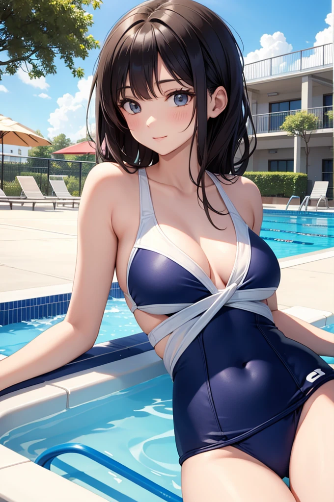 school swimsuit, pool side