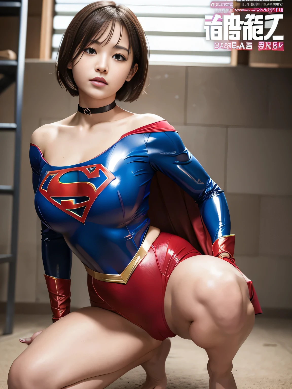 masterpiece、Supergirl Costume、short hair、barefoot、Big and ample 、Crisis situation、Complete surrender、Inside the prison、 chamber、Abused、Humiliating 、Squatting Pose、shiny sweaty skin、looking at the camera、choker、Long sleeve、 poses to seduce、Off the shoulder、、from right in front、 tearing、athlete、Racing Bloomers、Adult magazine cover layout、