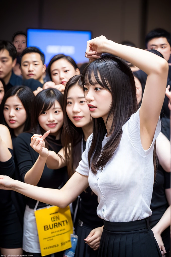 Highly detailed CG Unity 8k wallpaper、Highest quality、Ultra-detailed、masterpiece、Realistic、Realize cute girls with high image quality、20-year-old、((Roll up the skirt yourself)))、(shirt lift by myself), (Lifted it himself)、Wearing 、Wearing フォーカス、blush、Lips parted、Looking at the audience、Semi Body Shot、(Woman Big woman Crowd full of women)、(Female Crowded with females, Women's Town)、short hair、黒いWearing 、Pink 、pink Wearing 、Laughter