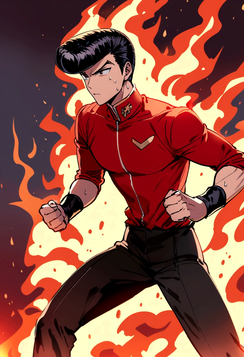 a boy with short black hair in a pompadour style in a red shirt training intensively and sweating