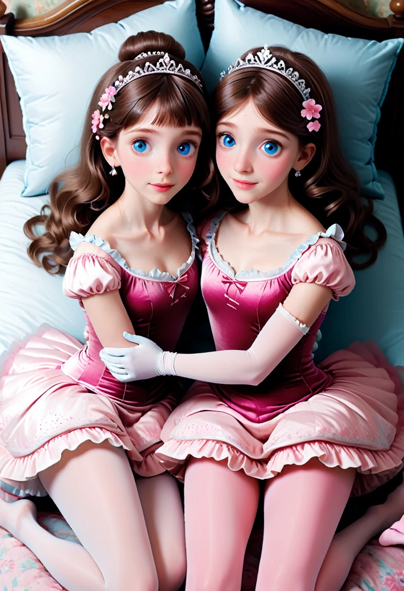 (Style-Princess) (1 man, 1 catgirl) (hetero, couple) (crossdressing, fully clothed) (brown hair, blue eyes) (portrait) (women's clothes only) (women's beautifully feminine skintight velvet floral print frilly girly pink adorable ballet leotards) (white opaque tights, no shoes) (tiaras, pink shoulder-length silk gloves:1.3) (woman's bedroom, four-poster bed) (lying down, hugging, bending knee) (intimacy, playfulness, closeness)