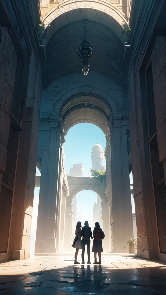 Three friends standing next to a portal to another world