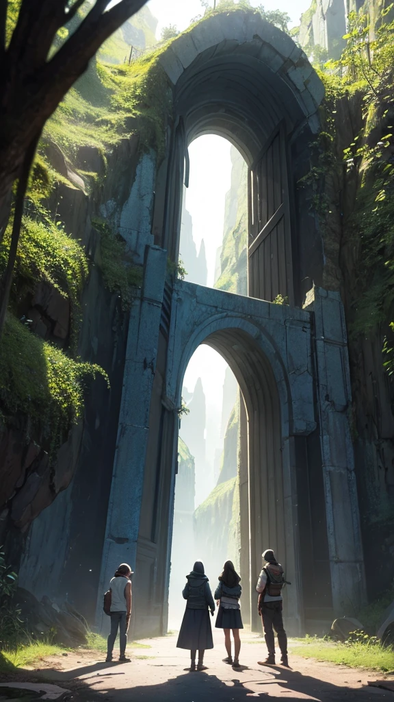 Three friends standing next to a portal to another world