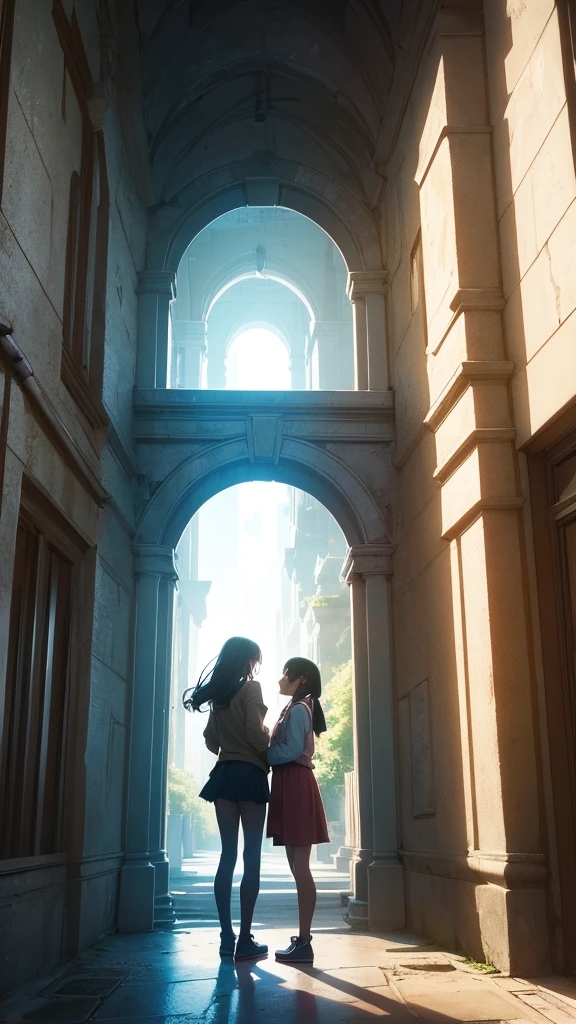 Three friends standing next to a portal to another world