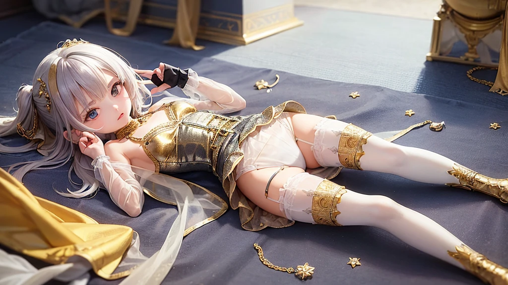 8 year old medieval girl, １people、In 、Gold and silver thread embroidery、She is wearing translucent bloomers that reach below her knees.、Wearing a semi- corset、Translucent slip, Grey translucent tights、sleep