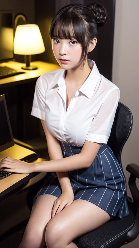 (Highest quality, 8K, masterpiece ), A 12-year-old junior high school student with a young face、Bun hairstyle、 Short Hairstyles、The eyes are large and clear、F cup large breasts、Black Hair、My shirt is about to tear、Glamour thighs:1.2、satin button down shirt, Highly detailed face, double eyelid, Round face:1.2、whole body、Sexy thighs:1.2、Round face:1.3、Side angle,Diagonal horizontal angle:1.2、Pleated mini skirt、Sitting in a chair in a dark office at night with the lights out、A computer is placed in a dark office at night with the lights off.