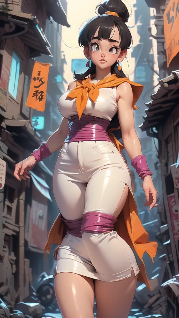 (ultra realistic,32k,RAW photo:1.1),(high detailed skin:1.1), 8k uhd, dslr, high quality, film grain, (makeup, mascara:1.1),(Videl dragon ball :1.4), lips,(thick\lips\), ,(Cyberpunk ruined dungeon ruins alley background :1.4 ), ( white :1.4), (medias blancas brillantes/pantys:1.4),(japanese white kimono :1.4), 
(shiny glossy translucent clothing:1.4 ), dragon ball, bbchichi, single hair bun, hair bun, (blunt bangs:1.4) , sidelocks, black eyes, earrings,( orange neckerchief:1.4) , orange scarf, purple dress, sleeveless, bracelet, , 
(looking at viewer, portrait:1.1),, 
 (:1.1) ,  (chubby:0.1),(soft shaded neon light:1.1),dark theme, A very clean and well organized contemporary place, (dynamic cowboy pose), (perfect  :1.4), (Videl dragon ball V2.1), ,( ciberpunk 2.1),(  white :1.4