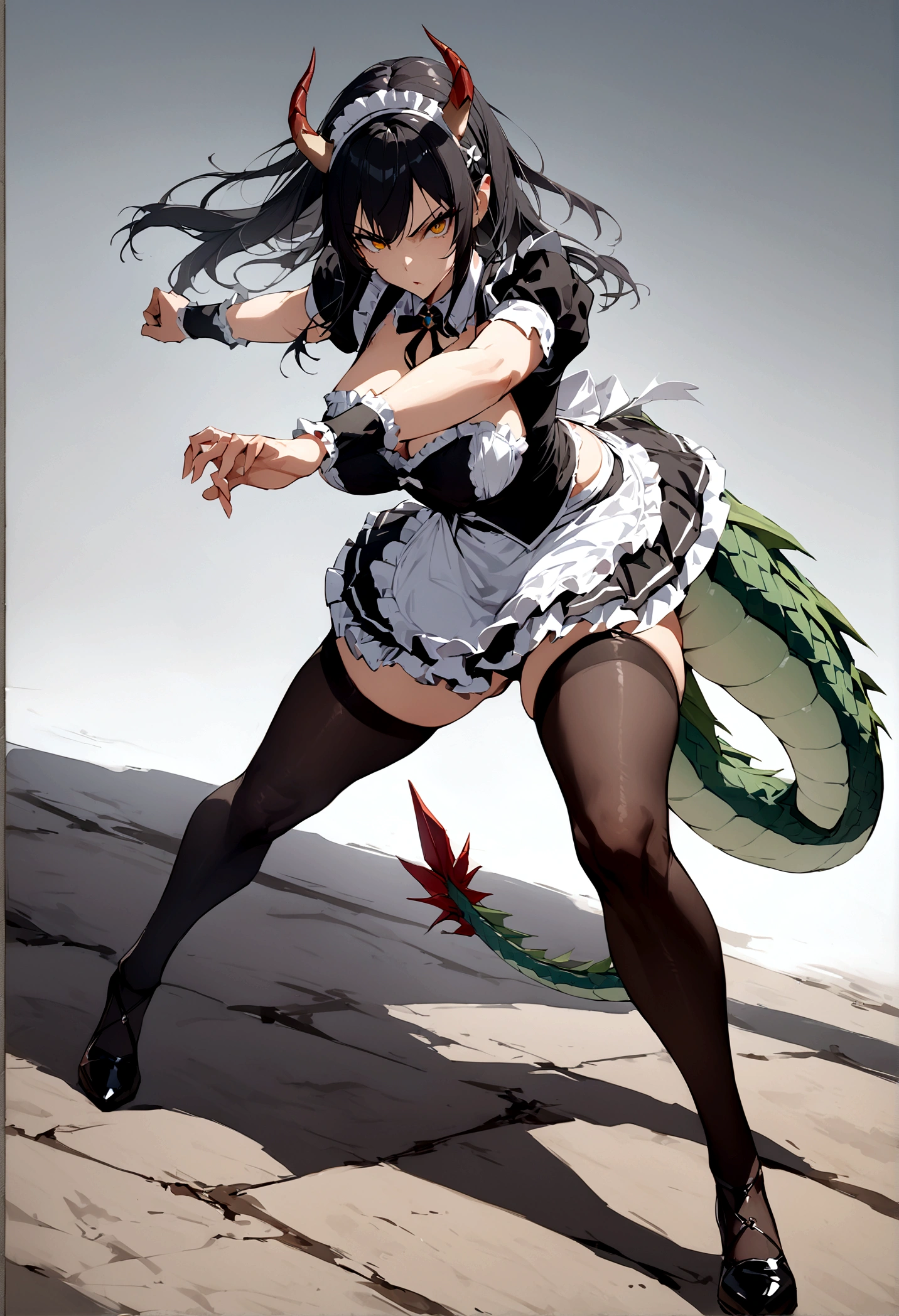 absurd resolution, high resolution, (Masterpiece: 1.4), hyper-detail, girl, with long black hair, with horns and dragon tail, with a maid outfit, perfect anatomy, in dynamic combat pose, defiant look, whole body, black stockings