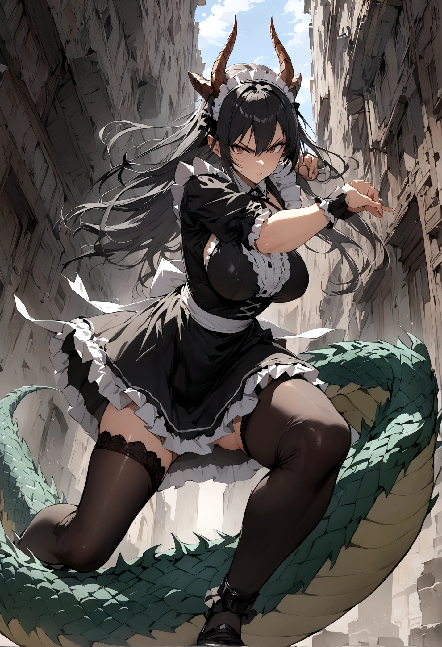 absurd resolution, high resolution, (Masterpiece: 1.4), hyper-detail, girl, with long black hair, with horns and dragon tail, with a maid outfit, perfect anatomy, in dynamic combat pose, defiant look, whole body, black stockings
