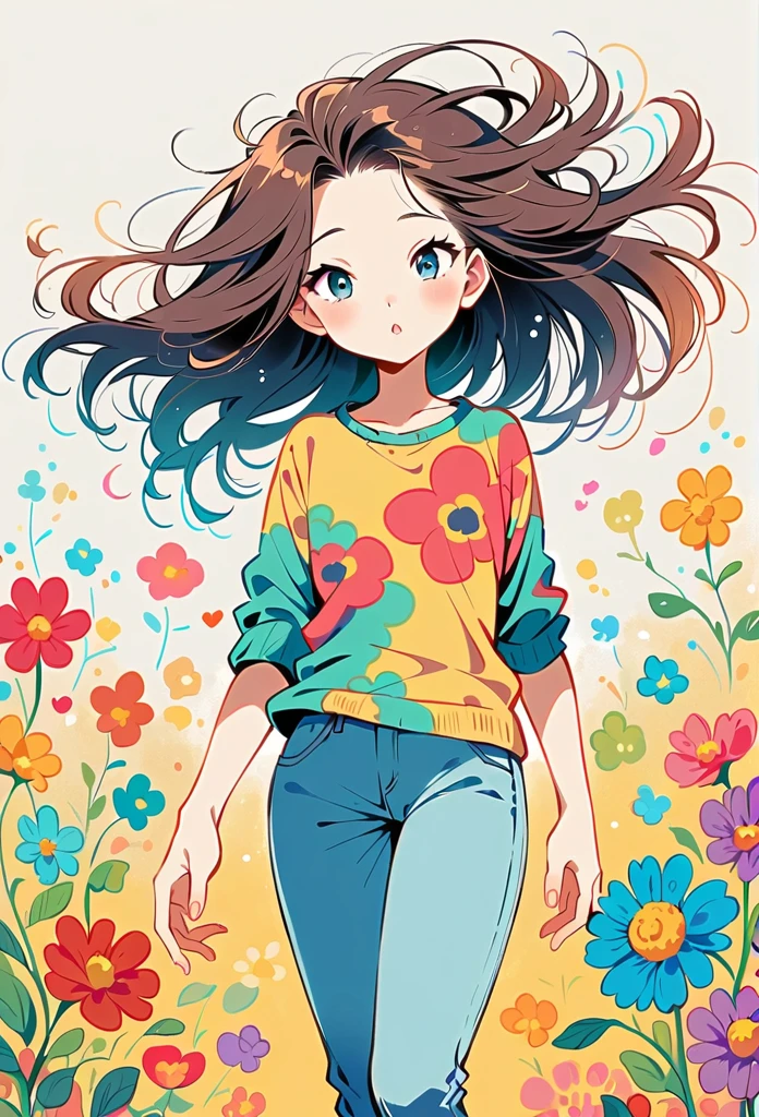 Nao Ehon style, Standing in front of a high wall,Simple Line Initialism,Abstract art,Urban Background, (((The most beautiful girl))), Lips in Love, walking, colorful flowers